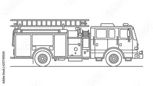 Fire Engine Line Art: A detailed outline illustration of a modern fire engine, showcasing its ladder, equipment compartments, and robust chassis, presented cleanly on a neutral background.
