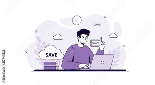 Man saving data to cloud storage using laptop, illustration of digital storage and cybersecurity