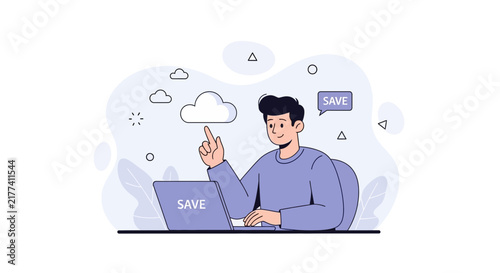 Man Saving Data to Cloud from Laptop, Digital Cloud Storage Concept Illustration