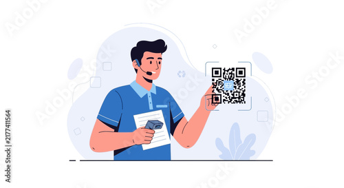 Man scanning QR code with barcode scanner and headset, digital technology, modern business concept