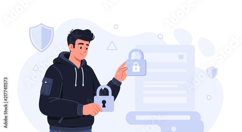 Man secures digital document with padlock, representing data security and privacy, cybersecurity concept