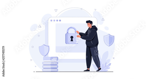 Man Securing Digital Data with Padlock and Shield Icons, Cybersecurity Concept