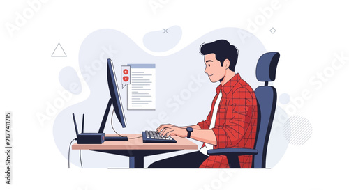 Man Typing on Computer, Working at Desk with Router, Flat Design Illustration