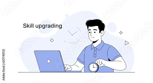 Man upgrading skills and managing time with laptop and clock, representing personal growth and learning concepts.