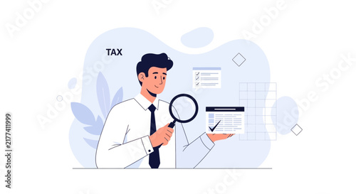 Man with Magnifying Glass Reviews Tax Form Checklist, Vector Illustration of Financial Audit and Analysis