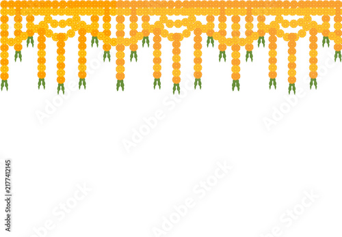 Indian Marigold Flower Garland Border with Hanging Floral Toran and Mango Leaves, Festive Decoration