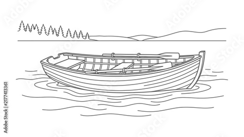Rowboat on Calm Water: A simple rowboat, complete with oars, floats serenely on the gentle ripples of a lake, with a distant tree line and hills suggesting a tranquil landscape.