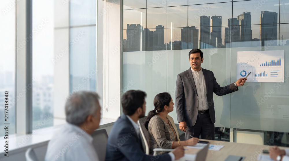 Fototapeta premium Indian businessman leading a business presentation with analytics charts during a corporate meeting in modern office in India, discussing emerging markets, economic growth and strategy