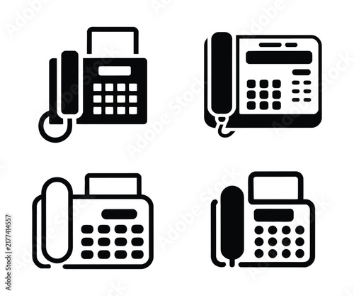 Black office desk telephone fax machine vector icon set illustration