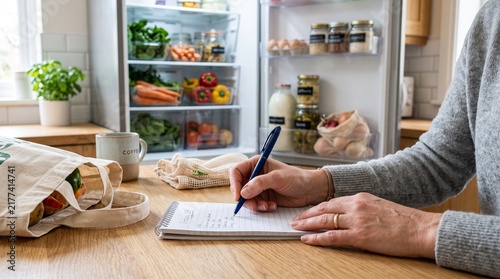 Adult writing grocery shopping list in modern kitchen near refrigerator  