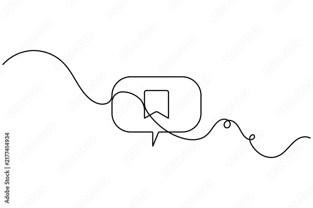 Obraz premium Modern bookmark within speech bubble icon sign continuous one line drawing on white background minimalist collection of online note saving and technology symbol editable outline vector illustration