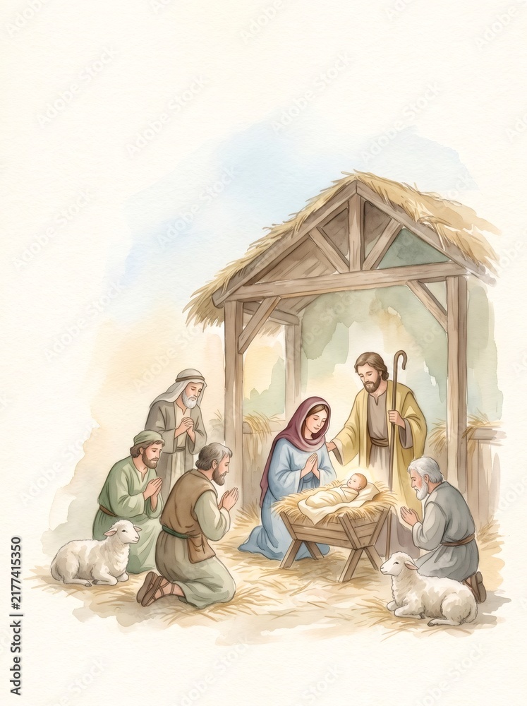 Fototapeta premium Nativity scene with Holy Family and adoring shepherds