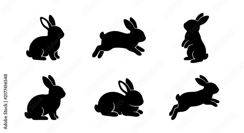Obraz premium Six Black Silhouette Bunny Rabbit Vector Icons, Cute Easter Spring Animal Graphics, Simple Modern Hare Collection for Design