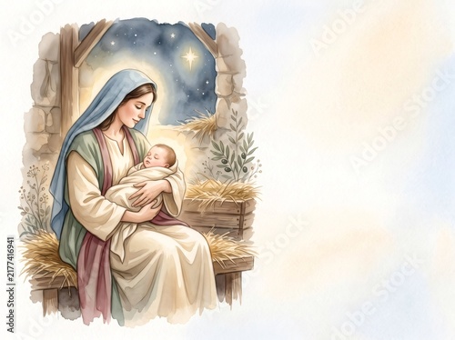 Mary holding baby Jesus nativity Christmas illustration