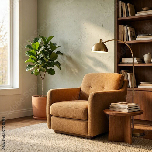 Cozy bedroom reading nook with an armchair, floor lamp, stacked books and warm natural light