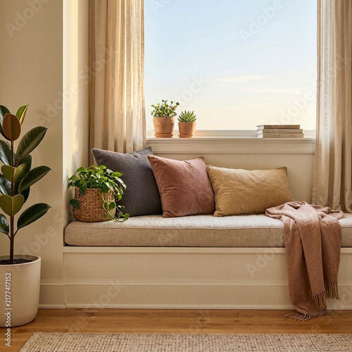 Cozy bedroom window seat with cushions, a throw blanket and warm afternoon light