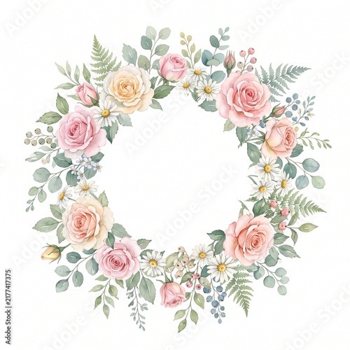 Watercolor floral wreath frame made of roses, daisies, and green foliage, soft romantic pastel tones, empty center for text, hand-painted botanical illustration, isolated on white background