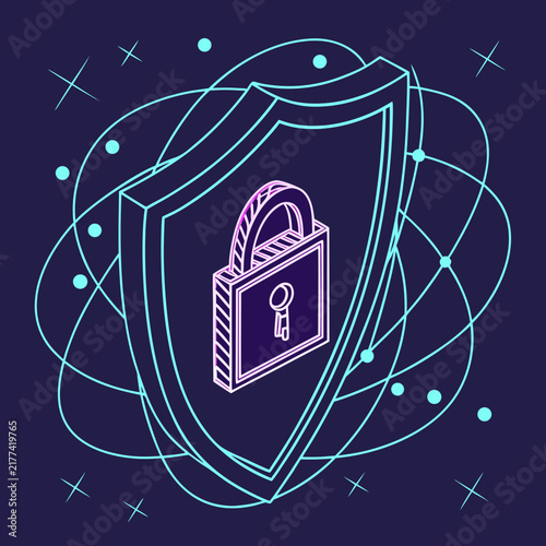 Isometric security shield with locked padlock and digital network lines on dark blue background cyber security data protection digital privacy information protection security system