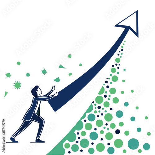 Businessman pushing upward pointing arrow made of growing green circles for business growth and success with financial growth career advancement corporate progress business strategy