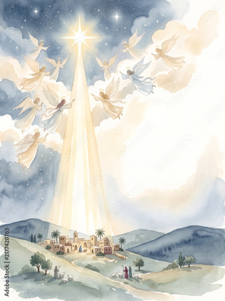 Naklejka premium Angels announcing Christ birth over Bethlehem with guiding star