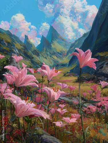 Pink lilies blooming in mountain valley landscape painting