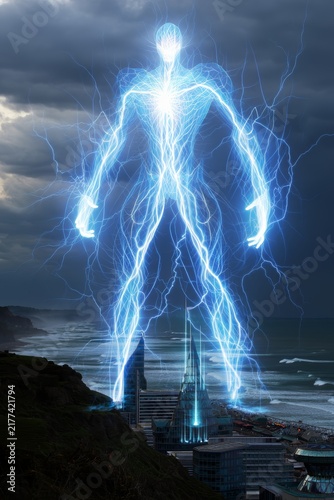 Giant Electric Being Overlooking Cityscape