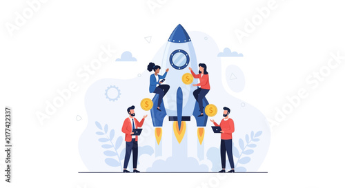 Business Startup Success: Team Launching Rocket with Coins, Representing Growth, Finance, and Innovation