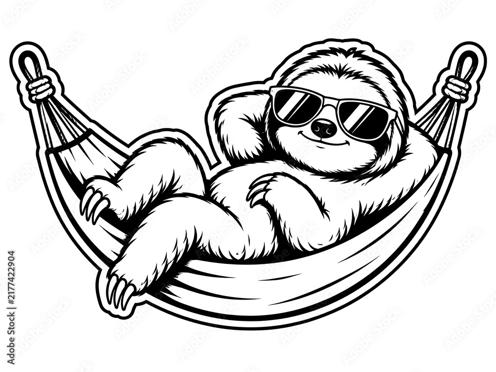 Fototapeta premium Cool cartoon sloth wearing sunglasses relaxing in a hammock illustration isolated on white background