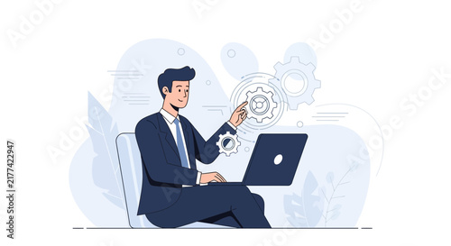 Businessman working on laptop with gears symbolizing process and strategy, modern flat illustration.