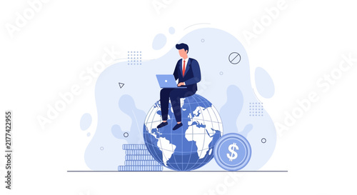 Businessman Working on Laptop, Sitting on Globe with Coins and Stack of Money - Global Business Concept