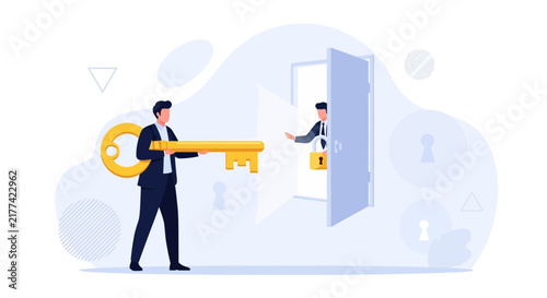 Businessmen exchanging golden key and unlocking door with padlock, concept of opportunity, solution, access, partnership