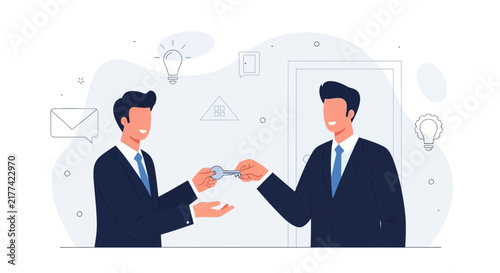 Businessmen Exchanging Keys - Symbolizing Deal, Partnership, or Success