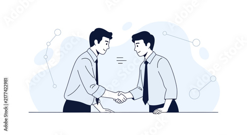 Businessmen shaking hands, representing agreement, partnership, and success in a modern flat illustration style with abstract elements.