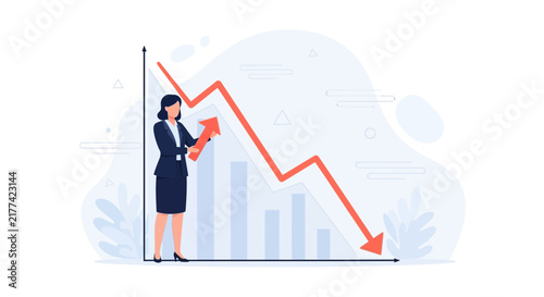 Businesswoman holding an upward arrow against a backdrop of a declining stock market graph, symbolizing strategy and recovery