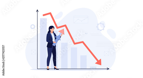 Businesswoman holding upward arrow against a downward trending stock market graph, symbolizing overcoming challenges and aiming for growth.