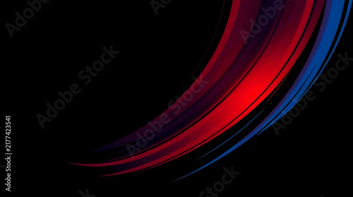 Crimson and sapphire swooshes flow across black backdrop with dramatic lighting creating abstract motion