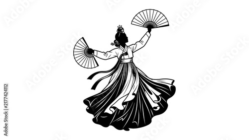 Graceful Fan Dance Performance: A stylized illustration depicts a dancer in traditional attire, executing an elegant fan dance with flowing movements and intricate patterns.