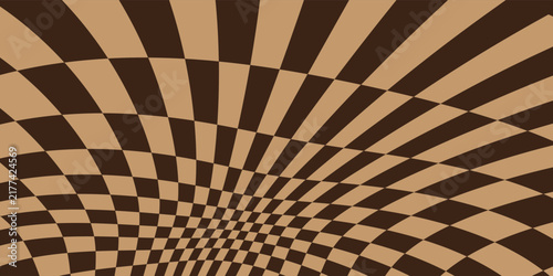 Brown distorted checkerboard optical illusion background with curved perspective grid, modern 3D geometric wave vector backdrop for poster design.