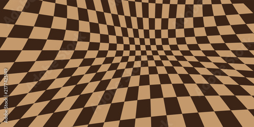 Brown distorted checkerboard optical illusion background with curved perspective grid, modern 3D geometric wave vector backdrop for poster design.