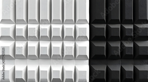 Geometric pattern of stacked blocks in contrasting black and white tones with dramatic studio lighting