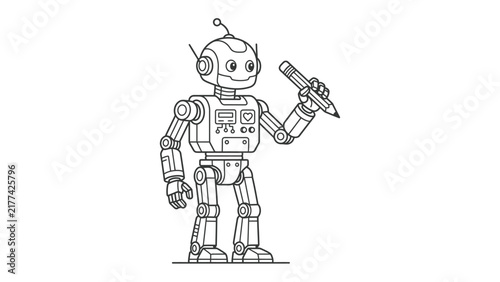 Friendly Robot with Pencil: A charming, retro-style robot character holds a pencil, ready to create, illustrating the intersection of technology and creativity.