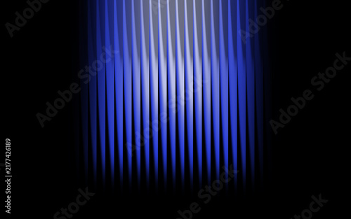 Symmetrical abstract background, featuring a central, column of vertical, blue glowing light, stripes fading into, dark black shadows, on both side edges