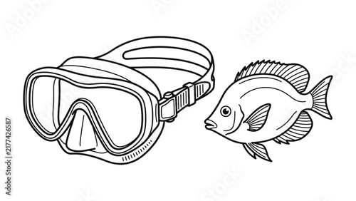 Diving Mask and Fish: A line art illustration of a diving mask beside a curious fish, symbolizing underwater exploration and marine life.