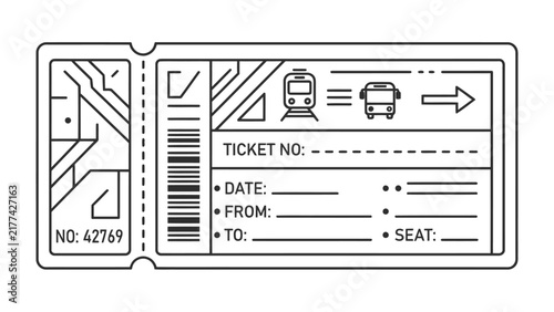 Train Ticket Design: A stylized, minimalist line art illustration of a train ticket featuring a barcode, train and bus icons, and fields for travel details, symbolizing journey and transportation.