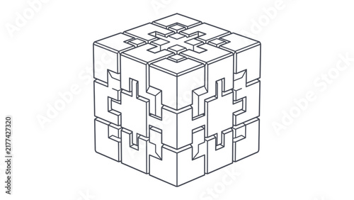 Abstract Geometric Cube Construction: An intricate wireframe illustration depicts a 3D cube constructed from interlocking geometric puzzle pieces, showcasing precision and conceptual design.
