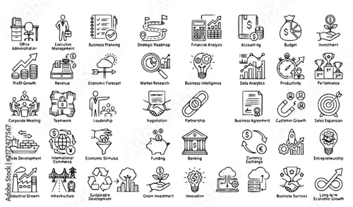 Business Management Economic Strategy and Growth Linear Icon Set
