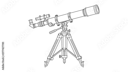 Fotografie Telescope on Tripod: A detailed line drawing of a refracting telescope mounted on a sturdy tripod, ready for astronomical observation