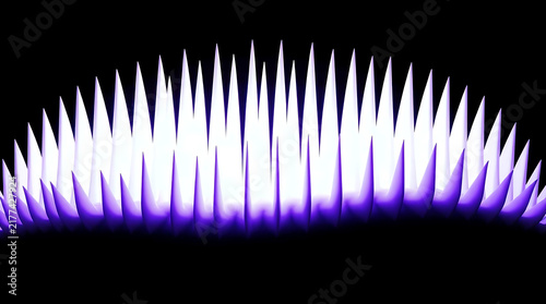 Row of glowing purple spikes against black background with dramatic studio lighting