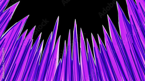 Sharp purple crystalline shards reaching upwards against a stark black void with subtle white highlights