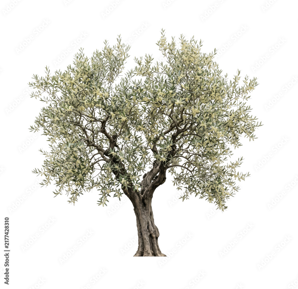 Fototapeta premium Mature olive tree with delicate white blossoms on transparent background